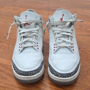 Air Jordan 3 Retro White Leather Sneakers with Grey Elephant Print and Red